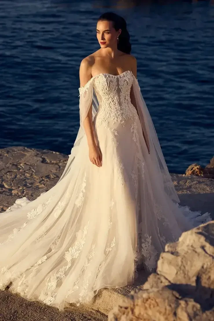 Model is wearing an off-the-shoulder A-line gown with floral lace sleeves, 3D appliqués, and a semi-sheer bodice with visible boning.