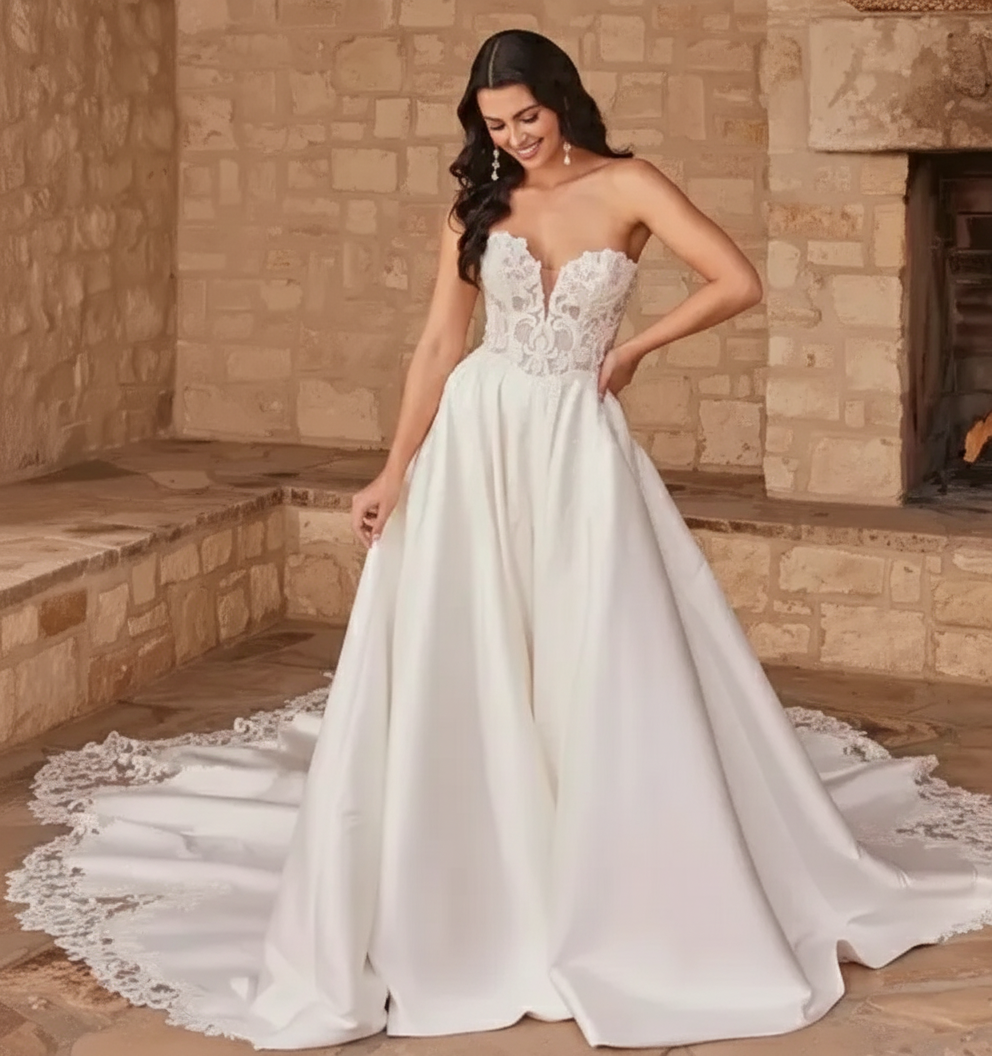 Model wearing a white gown by Serene by Madi Lane