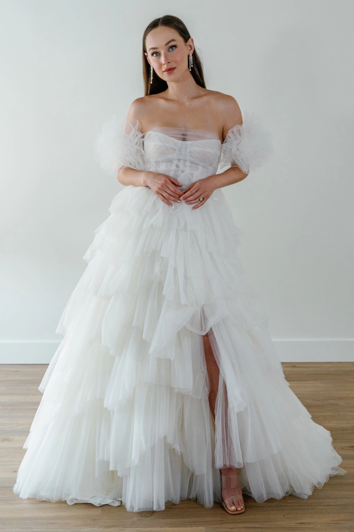 Model wearing a white dress
