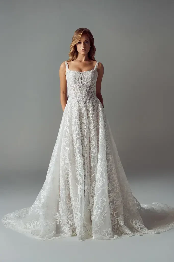 model is wearing a sleeveless a-line bridal gown