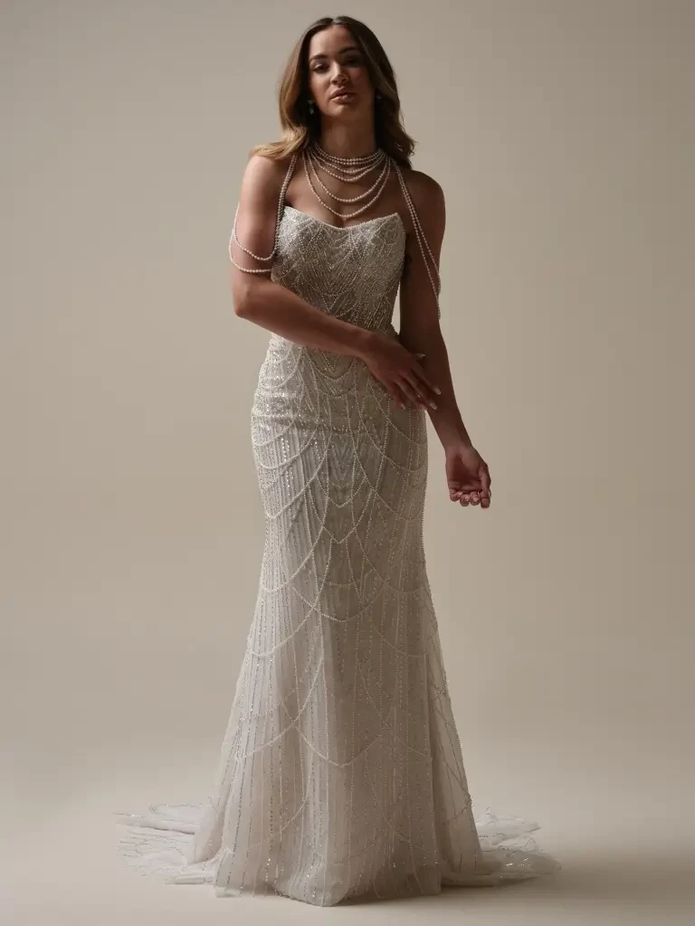A woman in a fitted, ornate gown with intricate beadwork and a long train, standing elegantly and adorned with layered pearl necklaces.