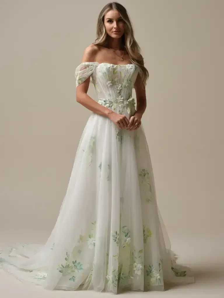 model is wearing a romantic wedding dress